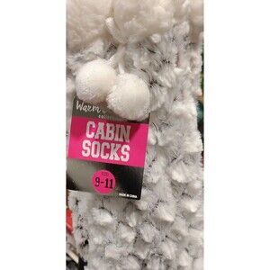 Warm Collection Cabin Socks White Gray Polka Dot Pom Pom Women’s Size 9-11